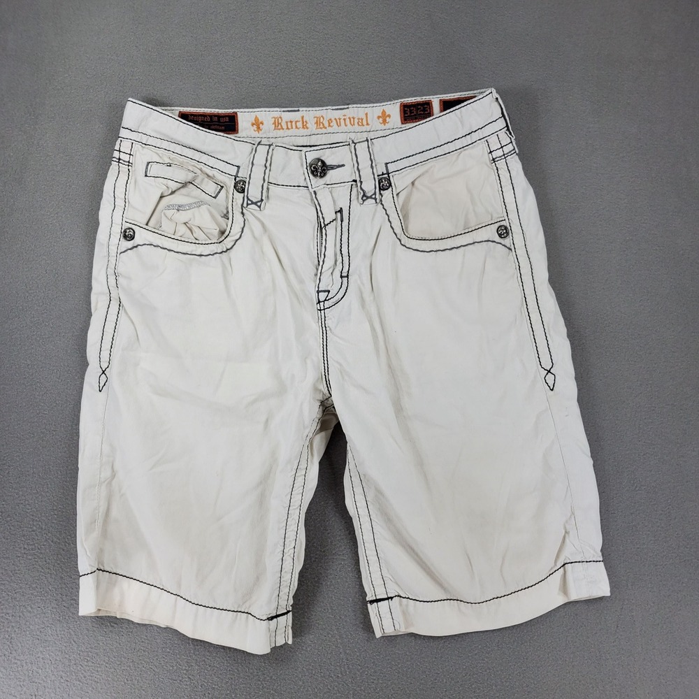 Rock Revival Slim Shorts Mens 33 Light Grey Black Thick Stitch RE8011-1S Y2K